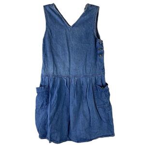 Talbots Kids Vintage Blue Denim Sleeveless Cotton V Neck Jumper Dress Pockets XL
